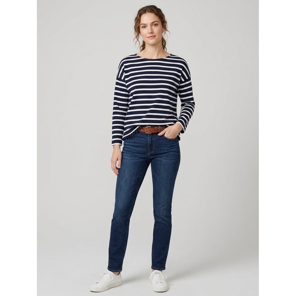 J.Crew Womens XS Navy White Striped Pom Pom Hem Long Sleeve Cotton Tee Shirt